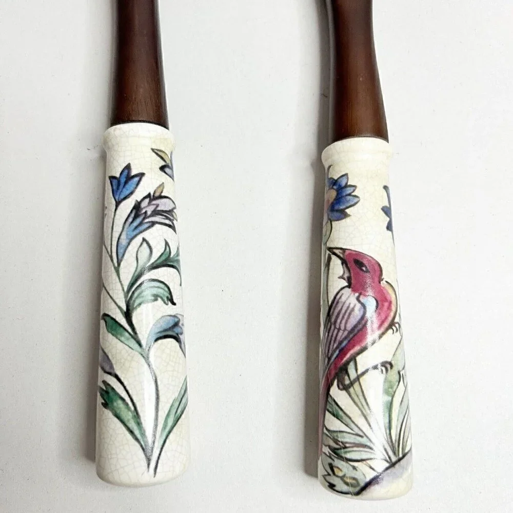Wooden Salad Serving Fork Spoon Set w/ Porcelain Floral/Bird Handles 13